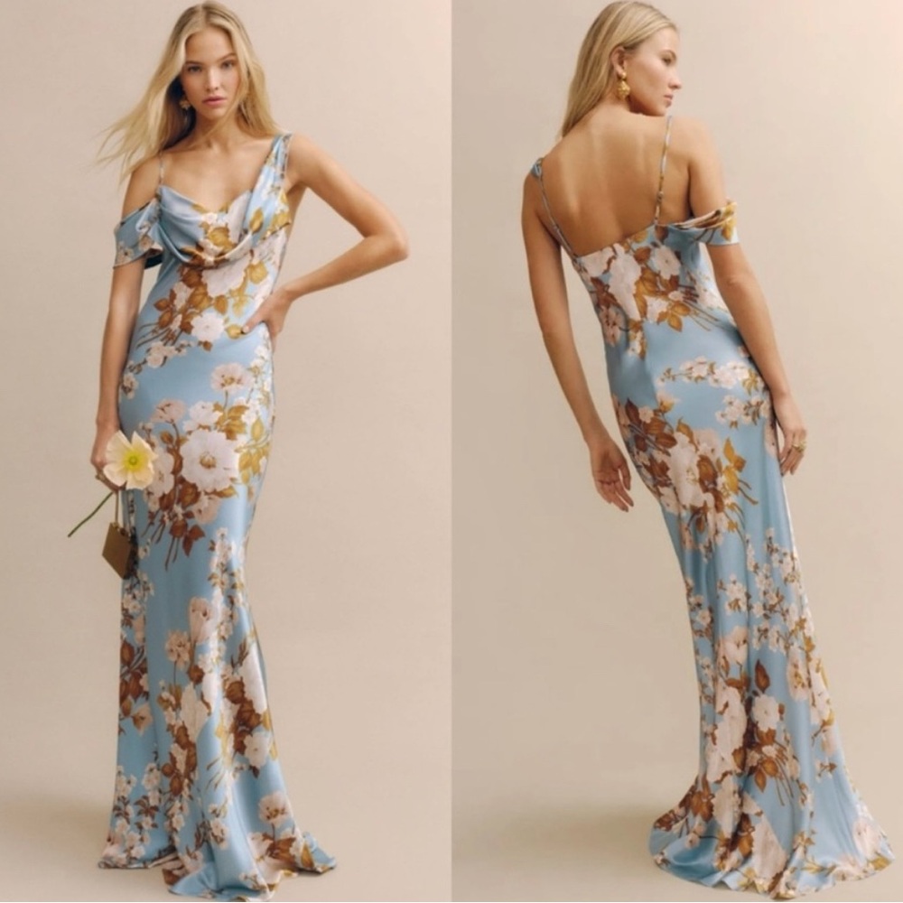 Reformation Ronda Silk Maxi Dress in Serene Blue Floral